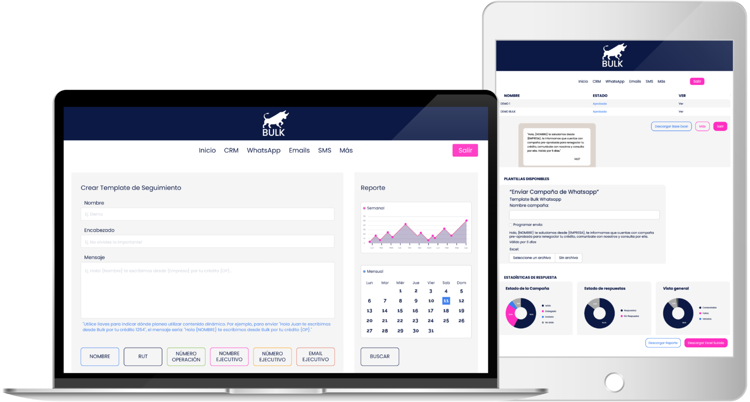Capturas de la plataforma Bulk: campañas de cobranza por WhatsApp, email y SMS con clasificación automática por IA